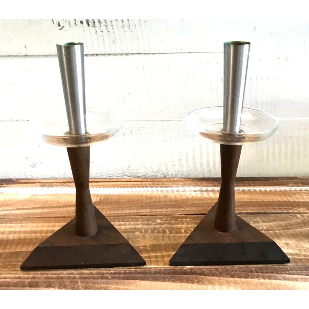 VTG MCM Walnut Wood Glass Candle Holders Pair Mid Century Modern Metal 8.25